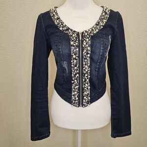 Bebe "Diamond and Pearl" Embellished Denim Jacket, Shacket